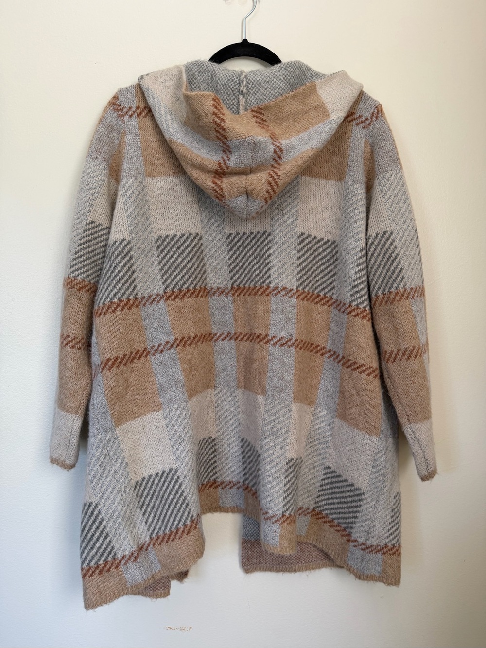 Joseph A Hooded Plaid Open-Front Cardigan Coatigan Grey Beige 1X - Picture 10 of 14